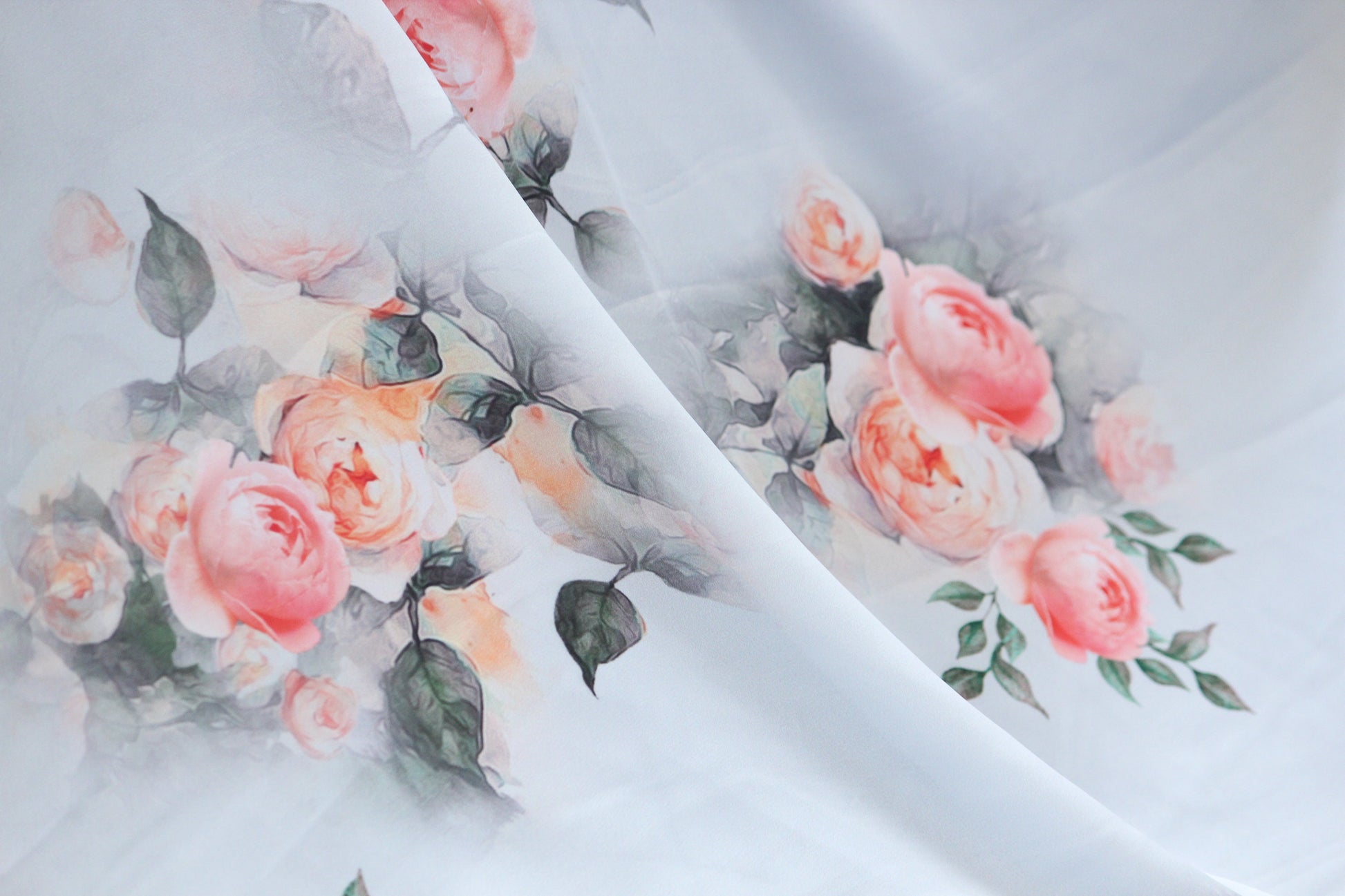 1 yard-Light grey/blue tint with orange water color rose print satin charmeuse- grey leaf and stunning rose satin fabric-best seller