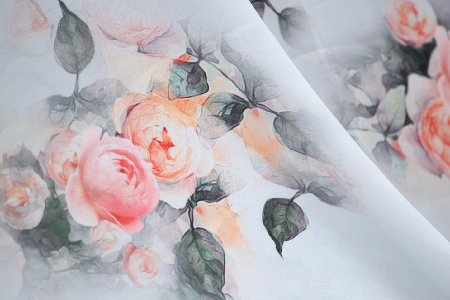 1 yard-Light grey/blue tint with orange water color rose print satin charmeuse- grey leaf and stunning rose satin fabric-best seller