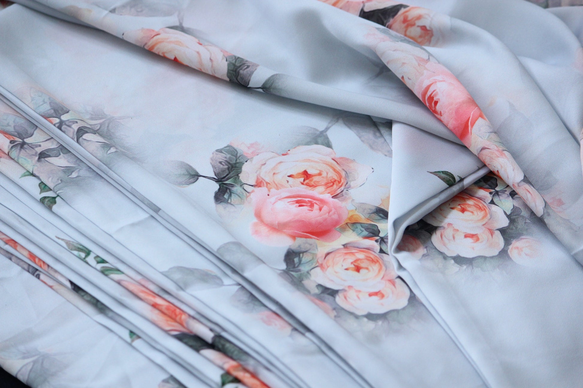 1 yard-Light grey/blue tint with orange water color rose print satin charmeuse- grey leaf and stunning rose satin fabric-best seller