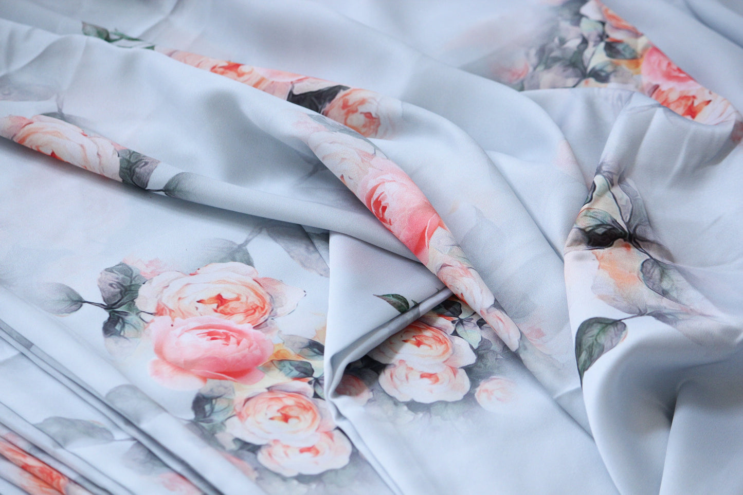 1 yard-Light grey/blue tint with orange water color rose print satin charmeuse- grey leaf and stunning rose satin fabric-best seller