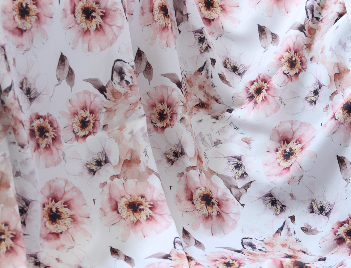 1 yard-Ivory floral print with fox water color flower print satin charmeuse- peach pink blush floral satin fabric with animal print