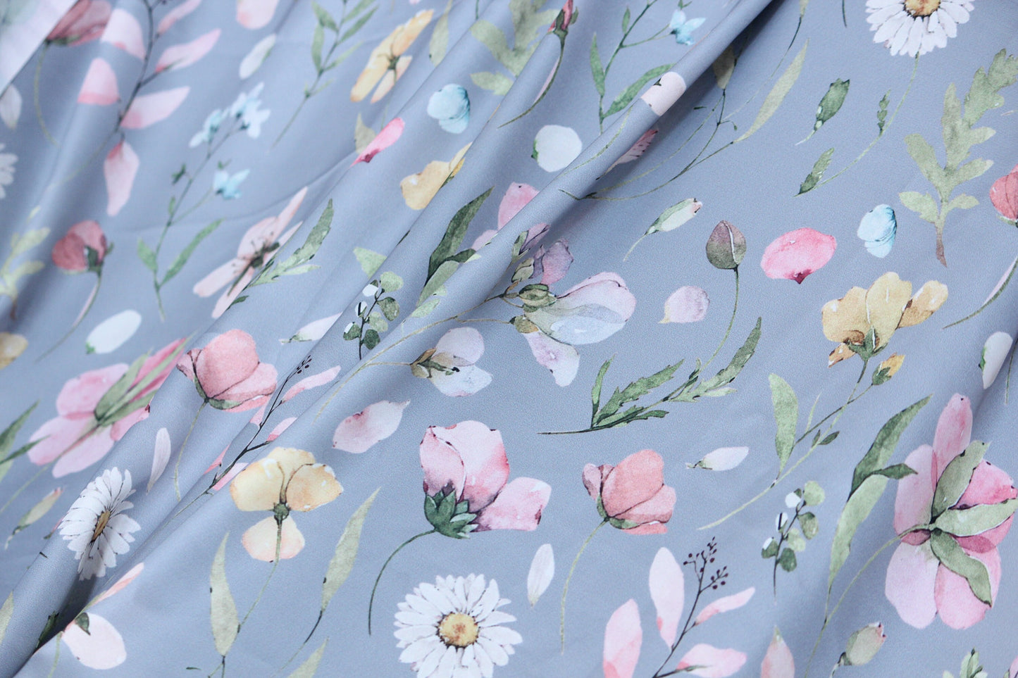 1 yard-Slate grey satin charmeuse fabric by the yard-watercolor look floral printed satin fabric-print pink floral fabric