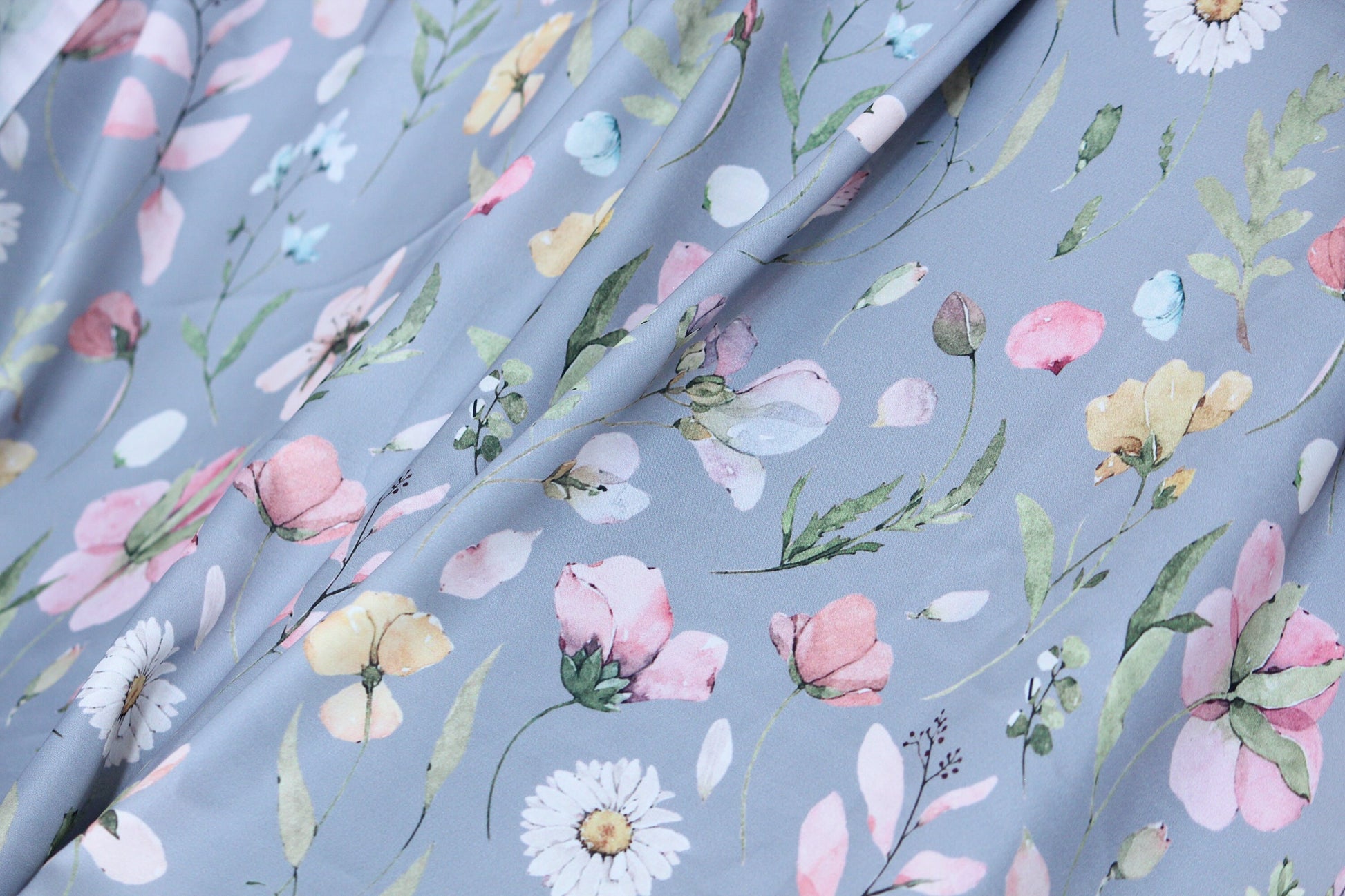 1 yard-Slate grey satin charmeuse fabric by the yard-watercolor look floral printed satin fabric-print pink floral fabric