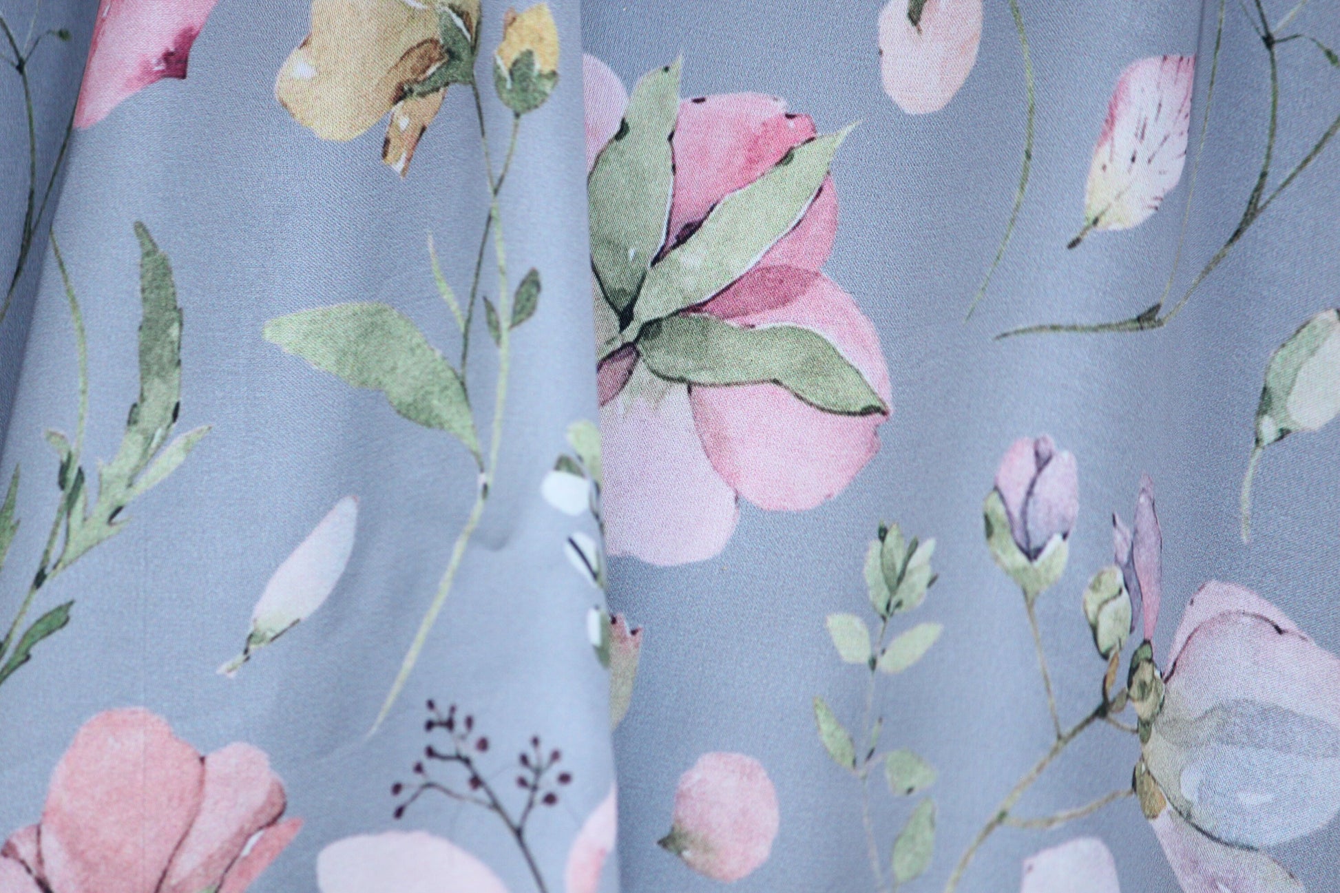 1 yard-Slate grey satin charmeuse fabric by the yard-watercolor look floral printed satin fabric-print pink floral fabric
