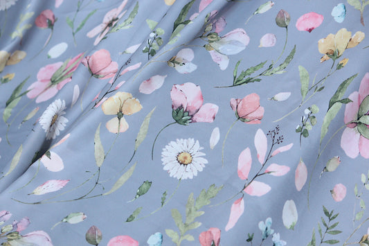 1 yard-Slate grey satin charmeuse fabric by the yard-watercolor look floral printed satin fabric-print pink floral fabric