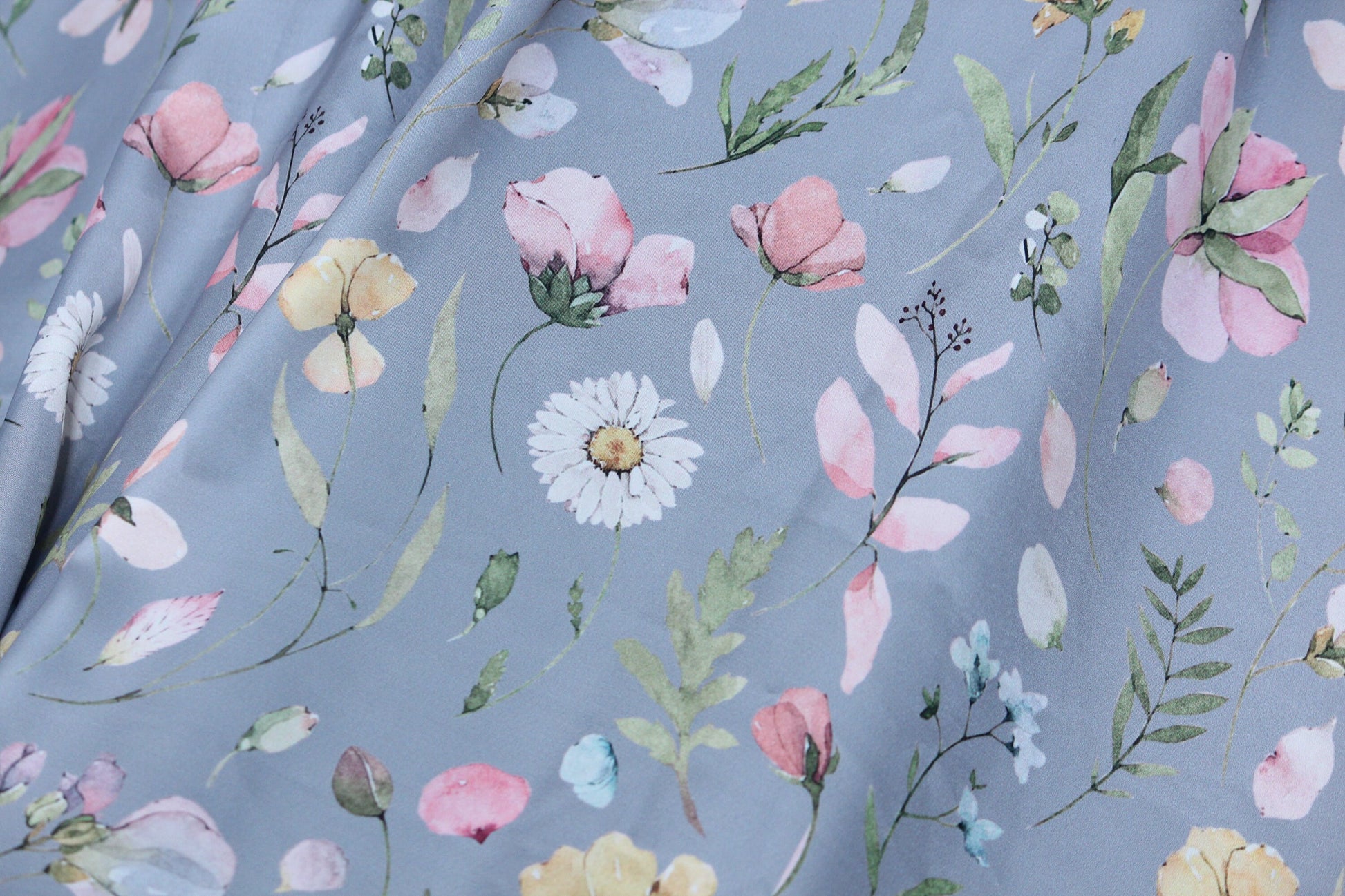 1 yard-Slate grey satin charmeuse fabric by the yard-watercolor look floral printed satin fabric-print pink floral fabric