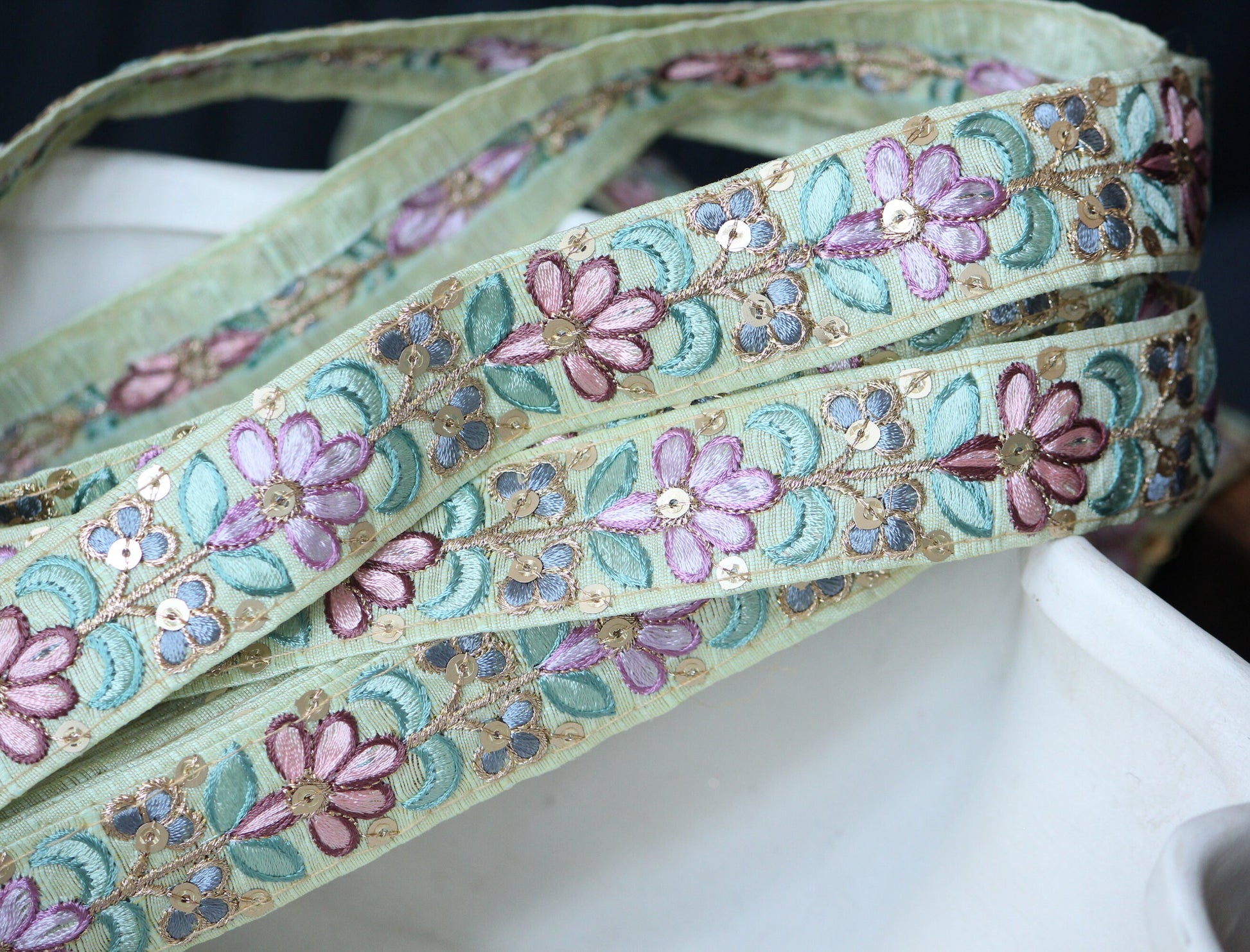 1 yard-Pastel mint floral thread embroidery extra wide ribbon on grey mesh fabric-lavender purple, green and blue thread embroidery