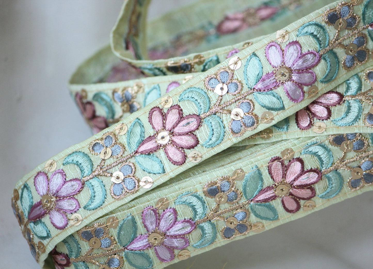 1 yard-Pastel mint floral thread embroidery extra wide ribbon on grey mesh fabric-lavender purple, green and blue thread embroidery