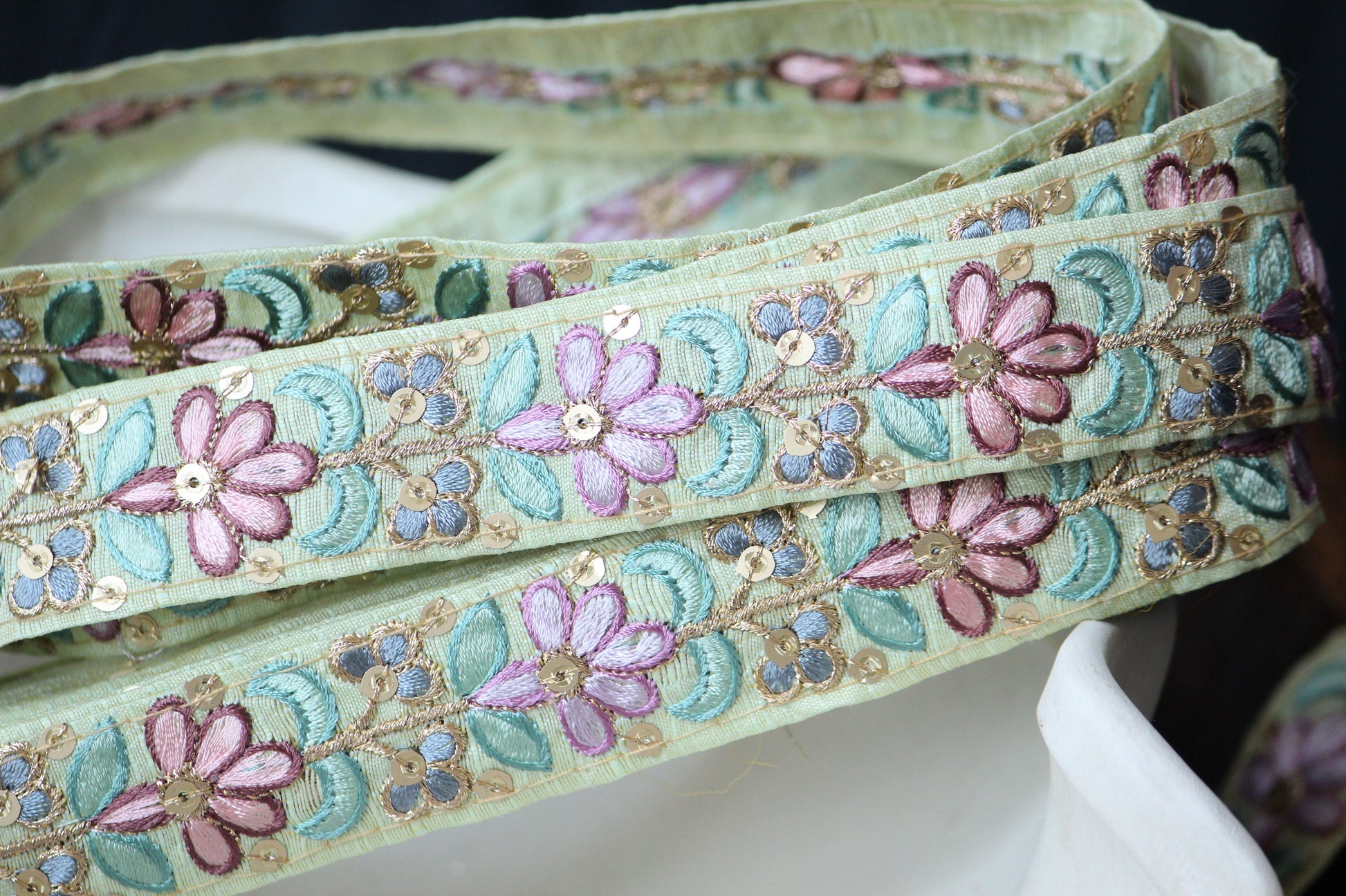 1 yard-Pastel mint floral thread embroidery extra wide ribbon on grey mesh fabric-lavender purple, green and blue thread embroidery