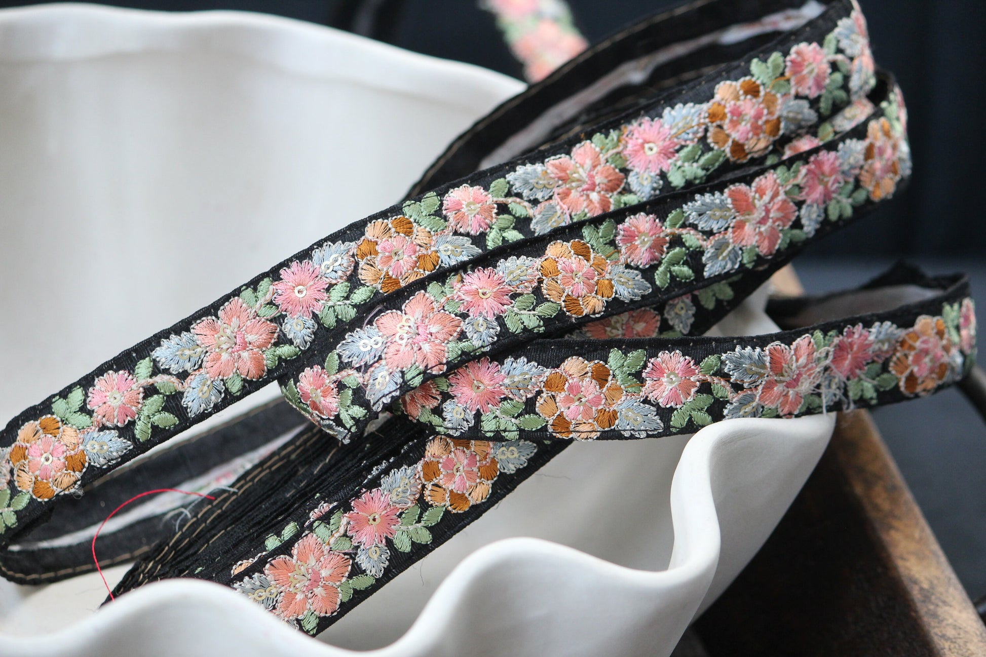 1 yard-Pastel floral thread embroidery ribbon on black fabric-pink peach green blue brown-sequin highlights floral trim-girls bow