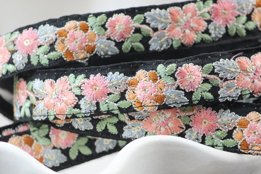 1 yard-Pastel floral thread embroidery ribbon on black fabric-pink peach green blue brown-sequin highlights floral trim-girls bow