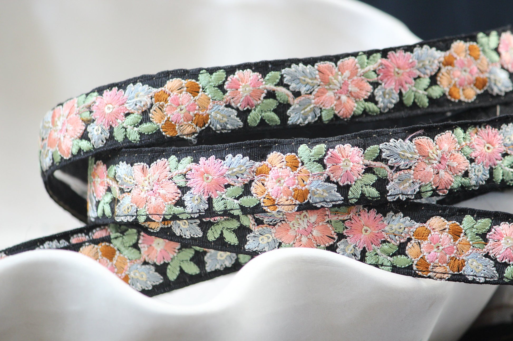 1 yard-Pastel floral thread embroidery ribbon on black fabric-pink peach green blue brown-sequin highlights floral trim-girls bow