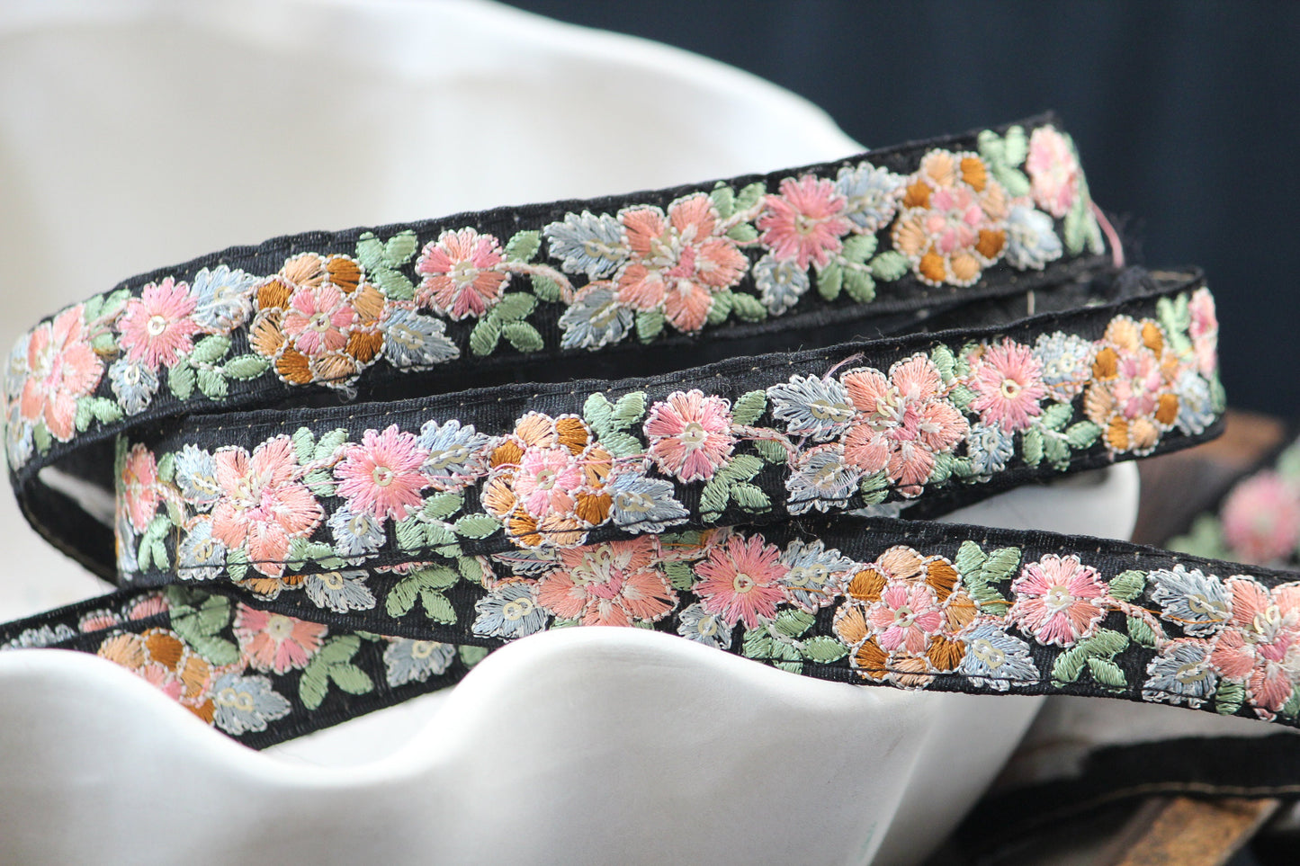 1 yard-Pastel floral thread embroidery ribbon on black fabric-pink peach green blue brown-sequin highlights floral trim-girls bow