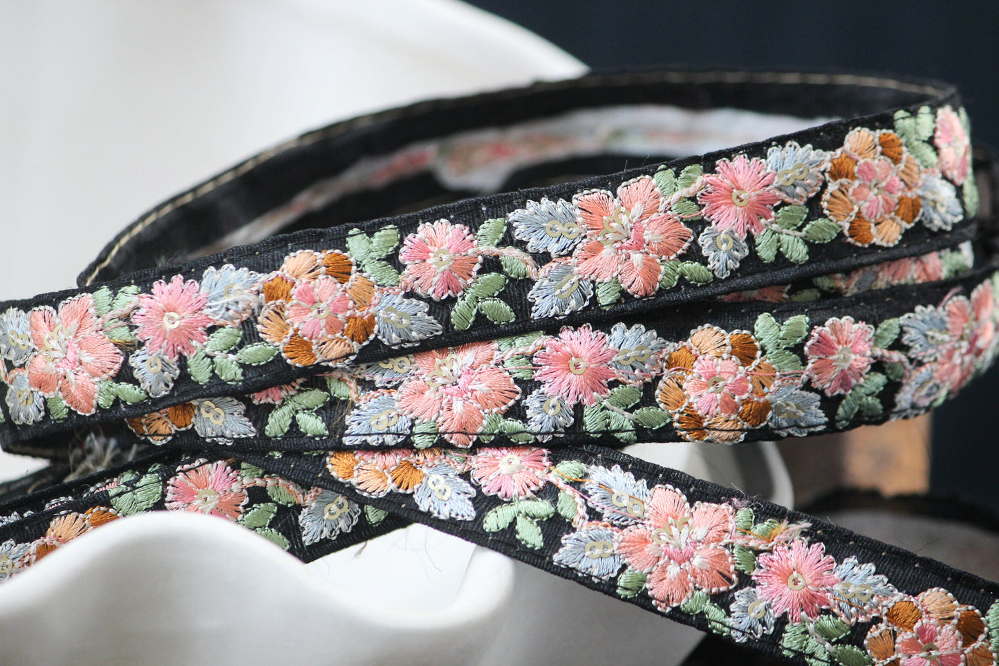 1 yard-Pastel floral thread embroidery ribbon on black fabric-pink peach green blue brown-sequin highlights floral trim-girls bow