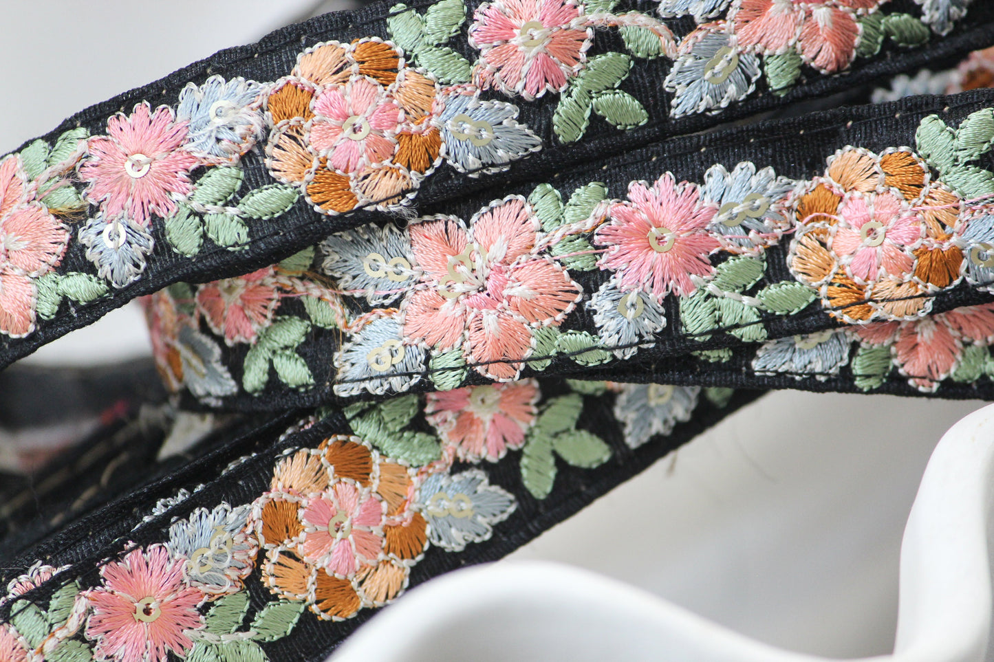 1 yard-Pastel floral thread embroidery ribbon on black fabric-pink peach green blue brown-sequin highlights floral trim-girls bow