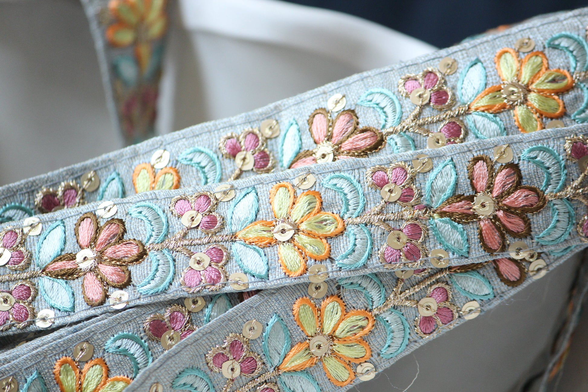 1 yard-Pastel grey floral thread embroidery ribbon on grey dupioni fabric-orange, peach, brown, pink, yellow and blue thread embroidery