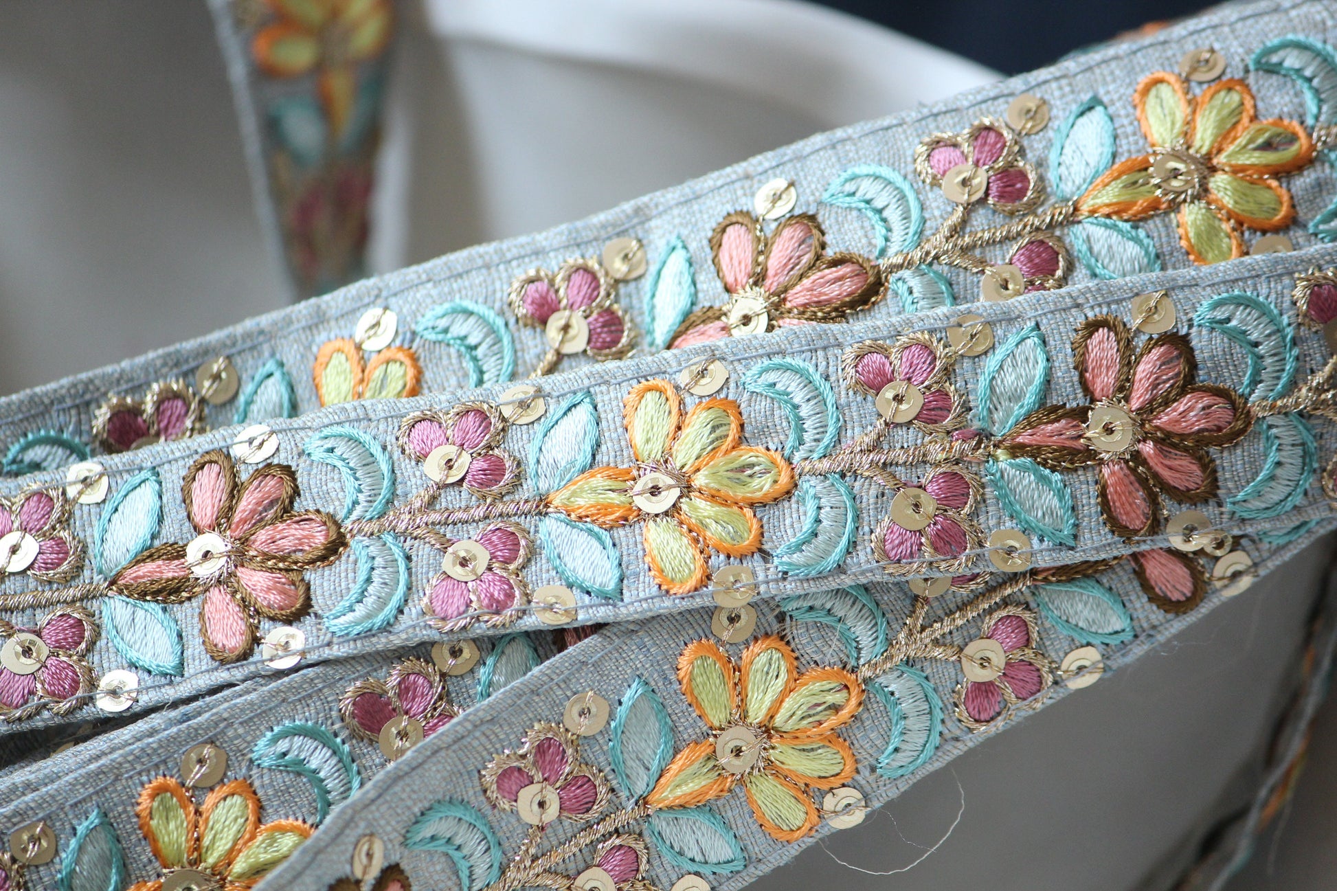 1 yard-Pastel grey floral thread embroidery ribbon on grey dupioni fabric-orange, peach, brown, pink, yellow and blue thread embroidery