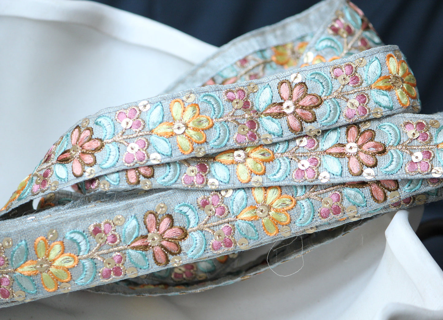 1 yard-Pastel grey floral thread embroidery ribbon on grey dupioni fabric-orange, peach, brown, pink, yellow and blue thread embroidery