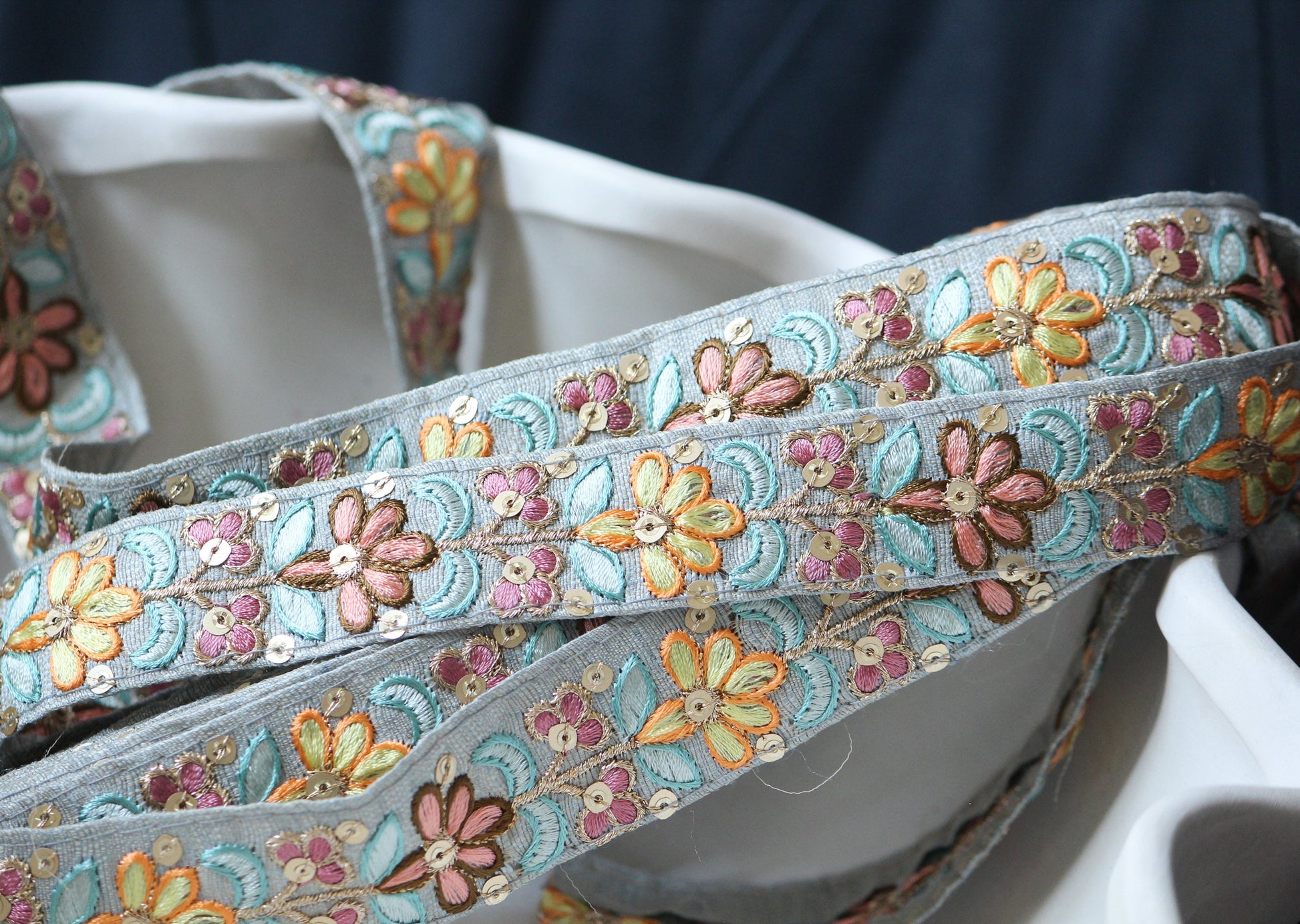 1 yard-Pastel grey floral thread embroidery ribbon on grey dupioni fabric-orange, peach, brown, pink, yellow and blue thread embroidery