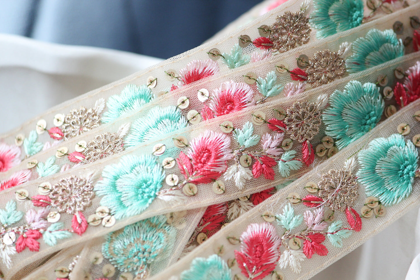 1 yard-Aqua and pink floral thread embroidery ribbon on mesh fabric-baby pink, gold thread embroidery and sequin highlight/ribbons for bow