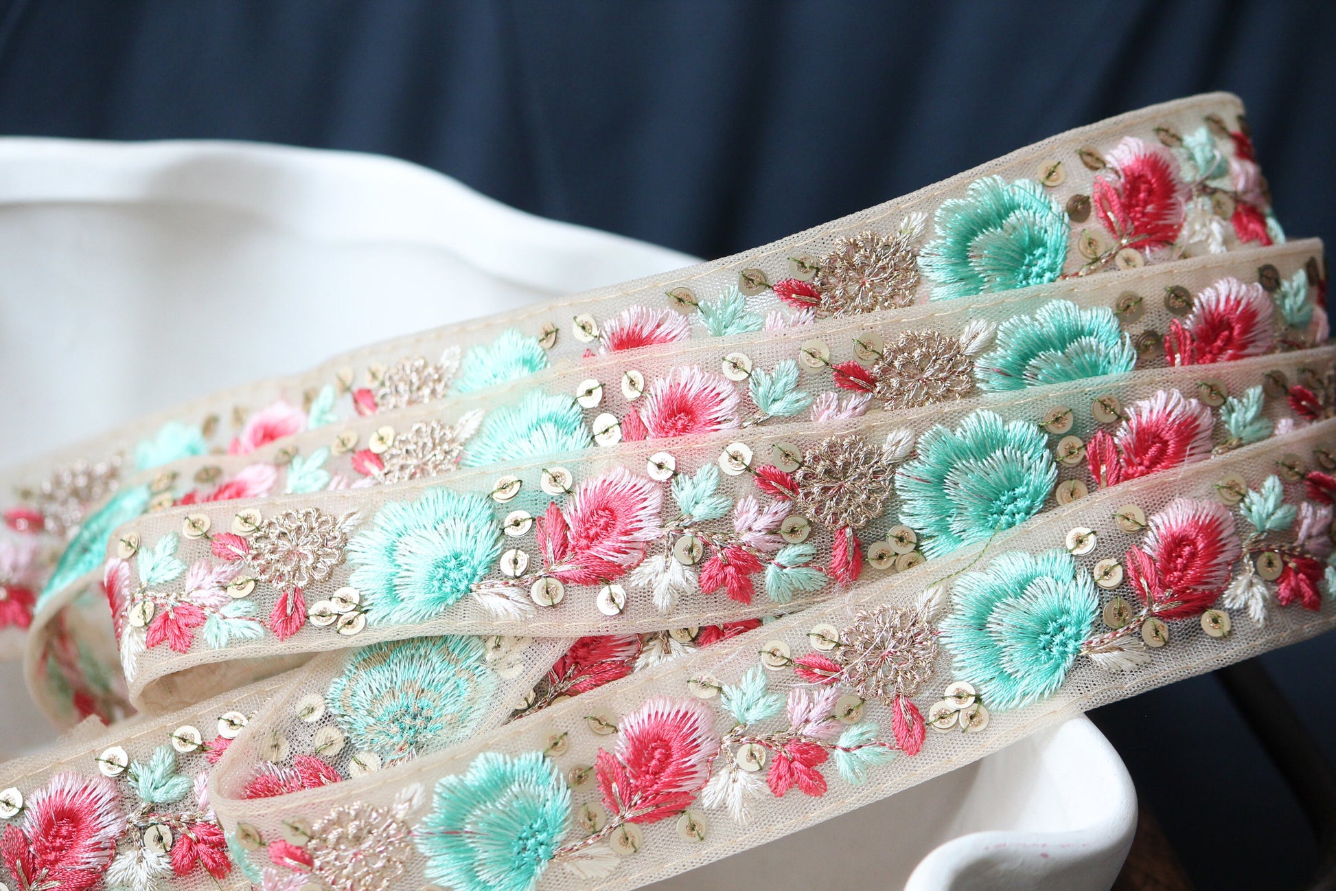 1 yard-Aqua and pink floral thread embroidery ribbon on mesh fabric-baby pink, gold thread embroidery and sequin highlight/ribbons for bow