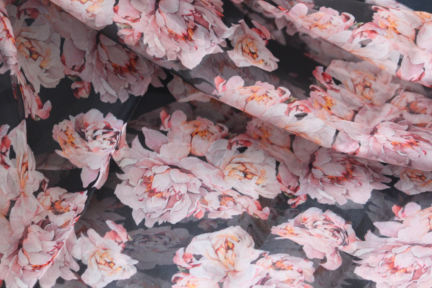 1 yard-black organza fabric-Gorgeous watercolor look roses printed organza fabric-floral fabric-print cream blush roses-sheer fabric