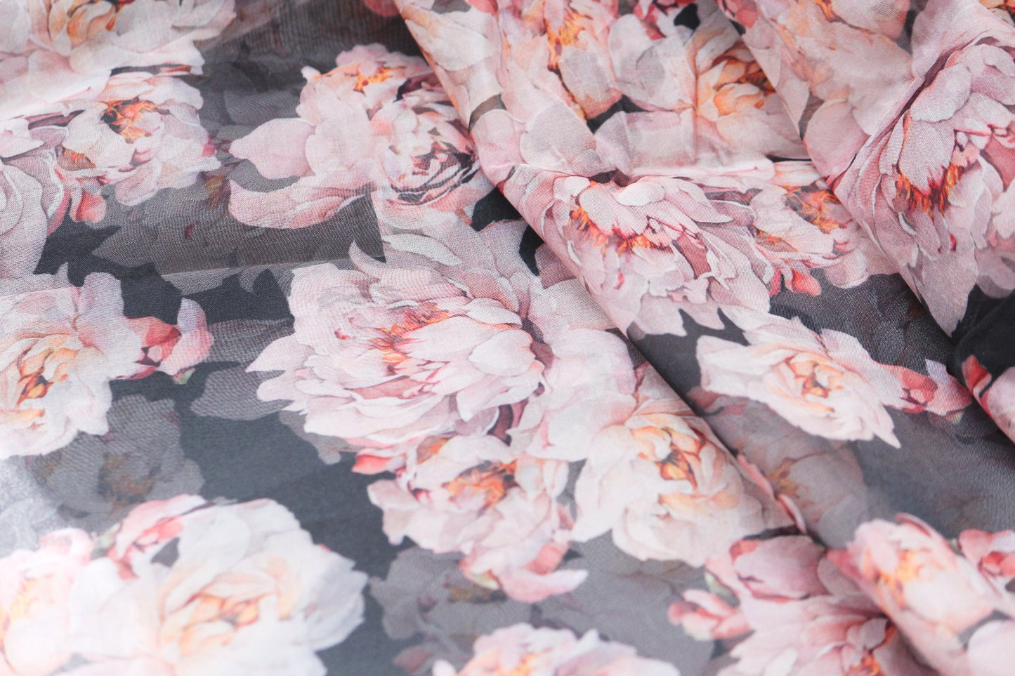 1 yard-black organza fabric-Gorgeous watercolor look roses printed organza fabric-floral fabric-print cream blush roses-sheer fabric