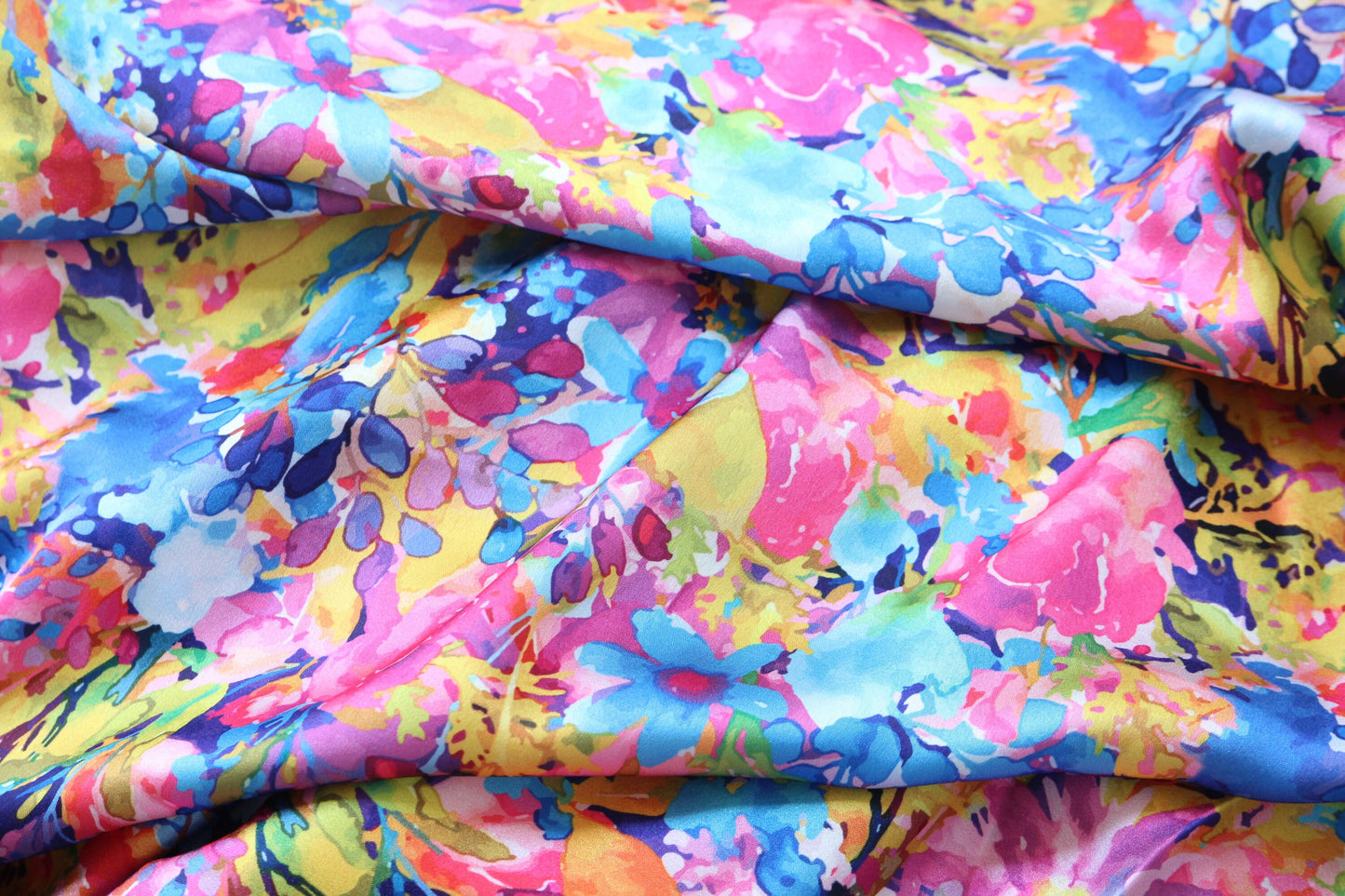 1 yard-colorful floral print fox water color flower print satin charmeuse- bright fuchsia, lime green, pink, blue, orange and purple print