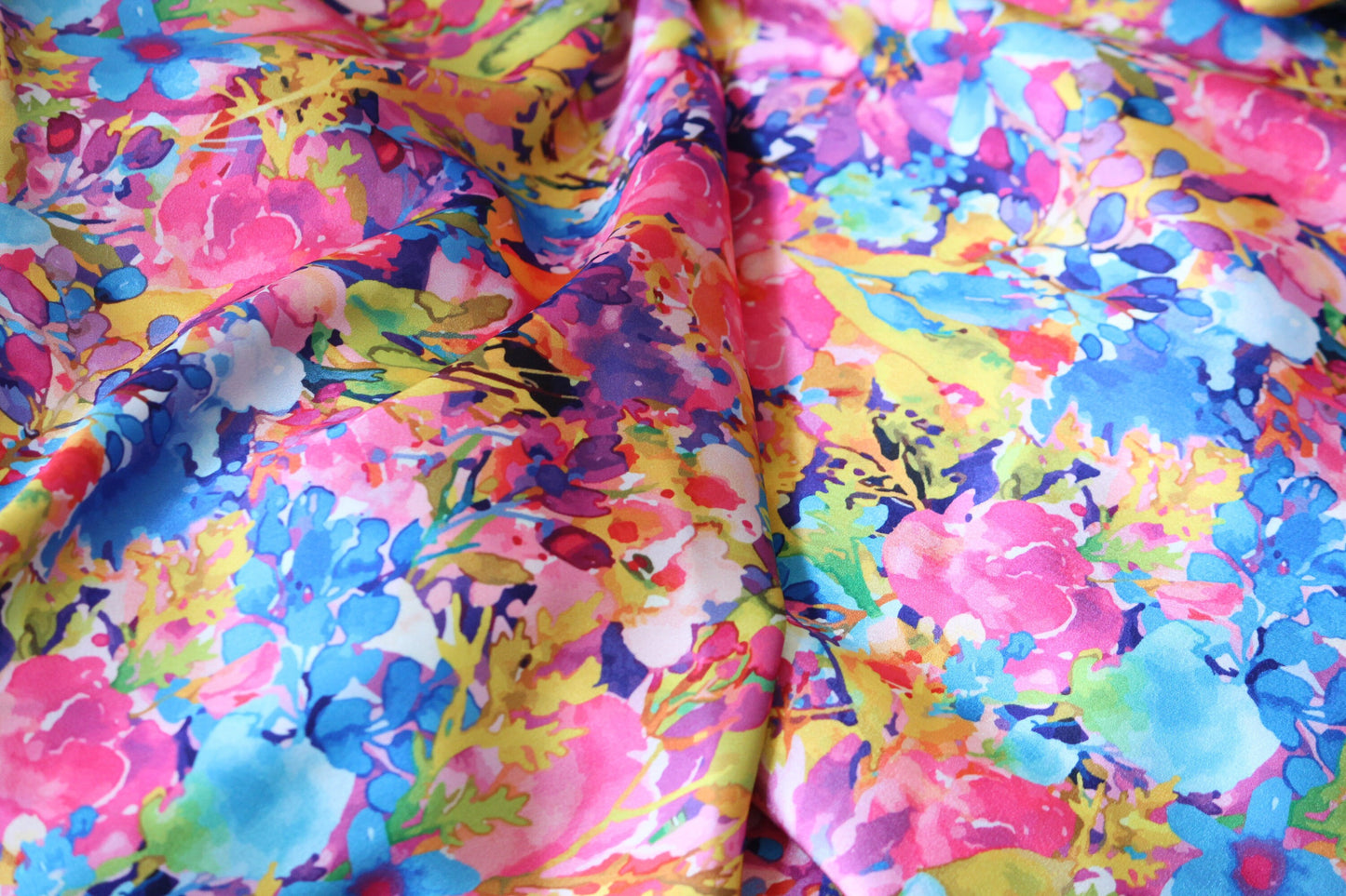 1 yard-colorful floral print fox water color flower print satin charmeuse- bright fuchsia, lime green, pink, blue, orange and purple print
