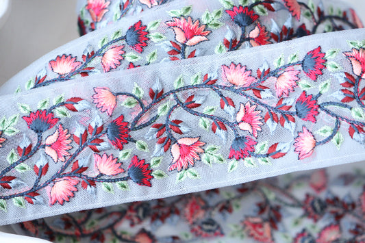 1 yard-Dove grey blue floral thread embroidery ribbon on mesh fabric-extra wide-red, navy light blue and peach with green leaf floral trim