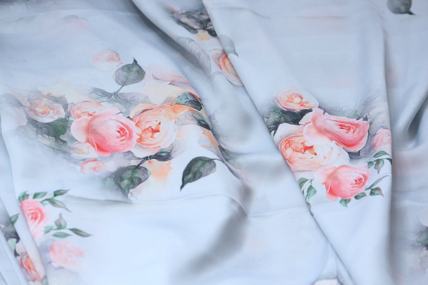 1 yard-Light grey/blue tint with orange water color rose print satin charmeuse- grey leaf and stunning rose satin fabric-best seller