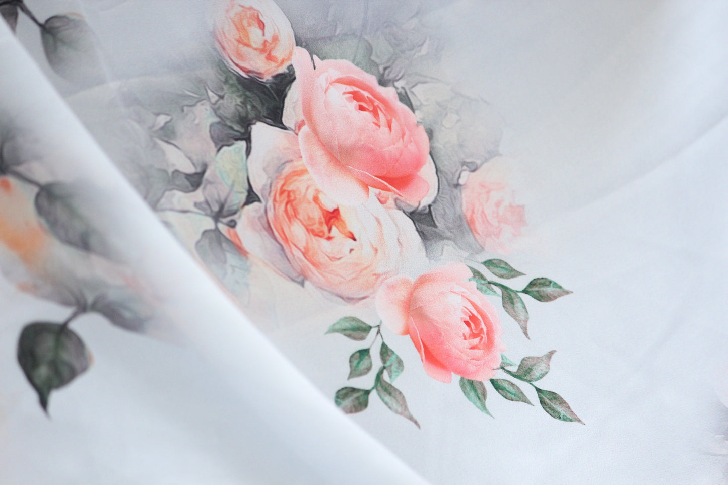 1 yard-Light grey/blue tint with orange water color rose print satin charmeuse- grey leaf and stunning rose satin fabric-best seller