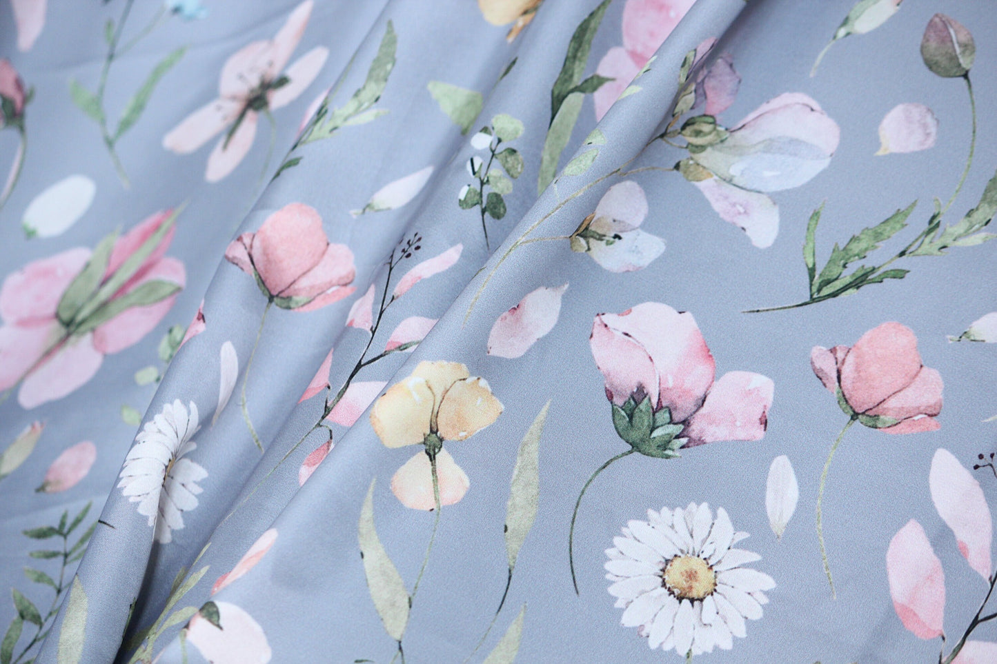 1 yard-Slate grey satin charmeuse fabric by the yard-watercolor look floral printed satin fabric-print pink floral fabric