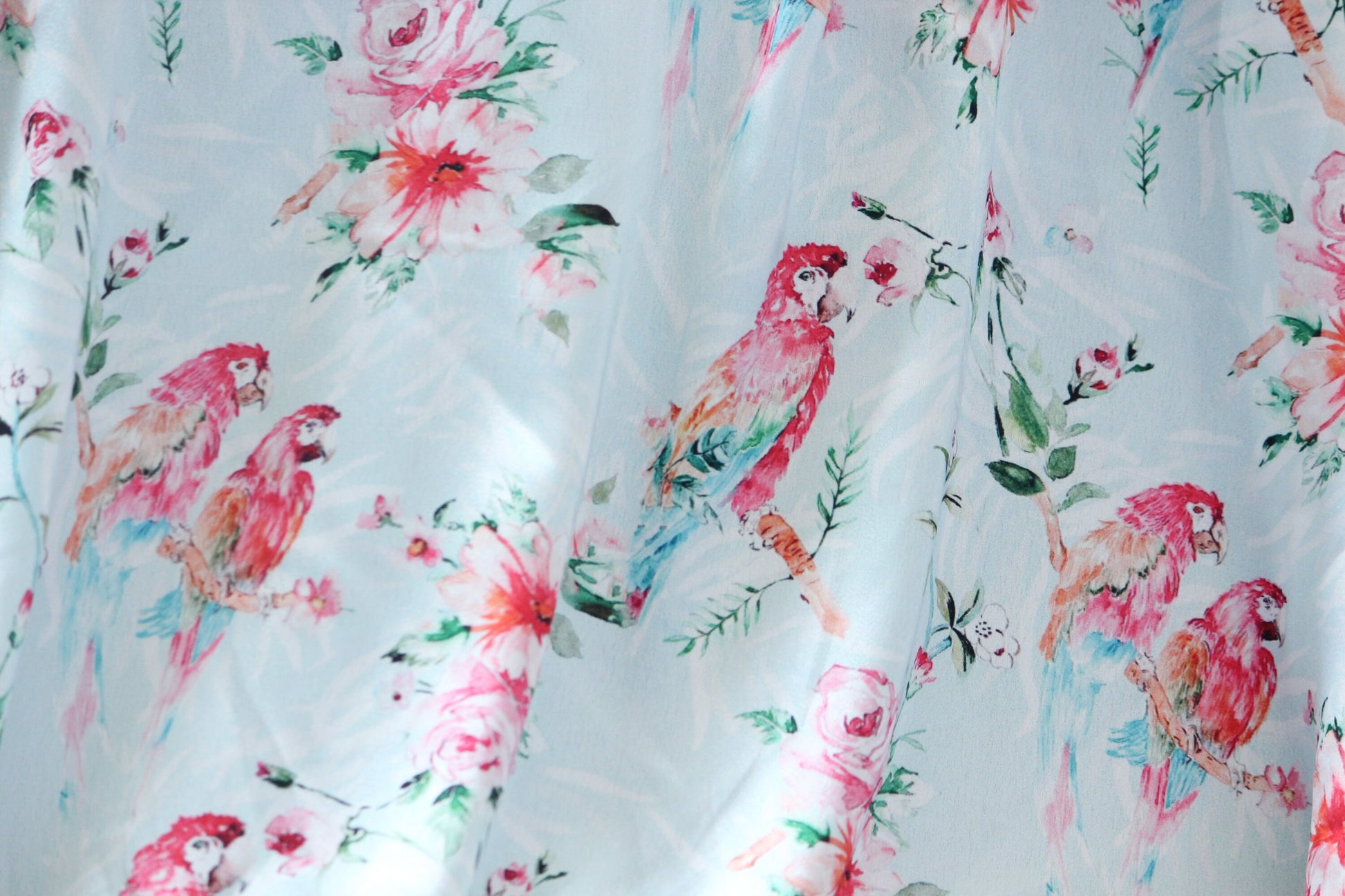 1 yard-sky blue watercolor print macaw parrot and floral satin charmeuse- bright fuchsia florals, green leaves, pink, blue satin-decor