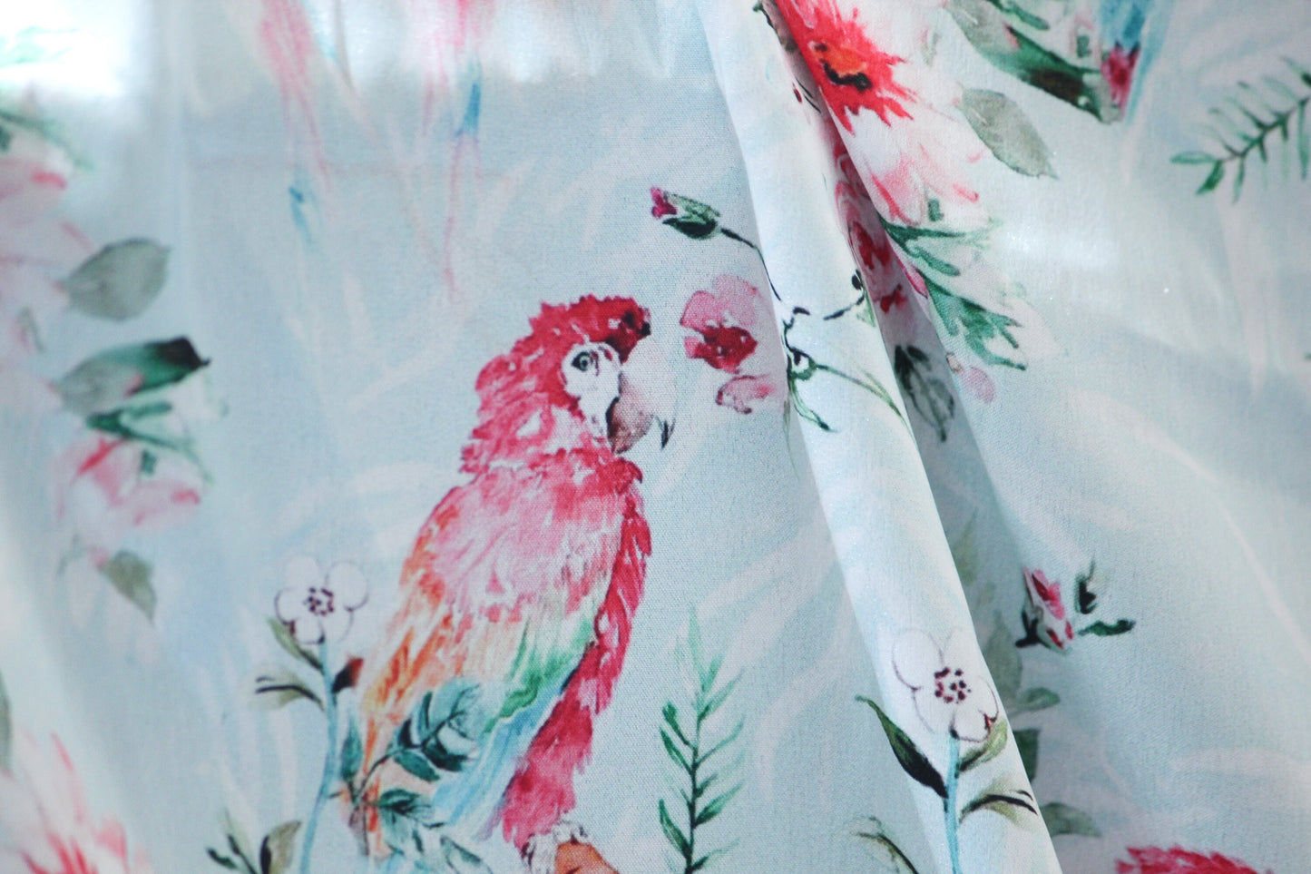 1 yard-sky blue watercolor print macaw parrot and floral satin charmeuse- bright fuchsia florals, green leaves, pink, blue satin-decor