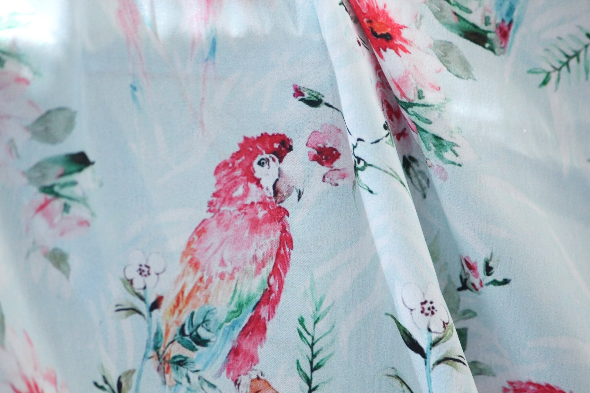 1 yard-sky blue watercolor print macaw parrot and floral satin charmeuse- bright fuchsia florals, green leaves, pink, blue satin-decor