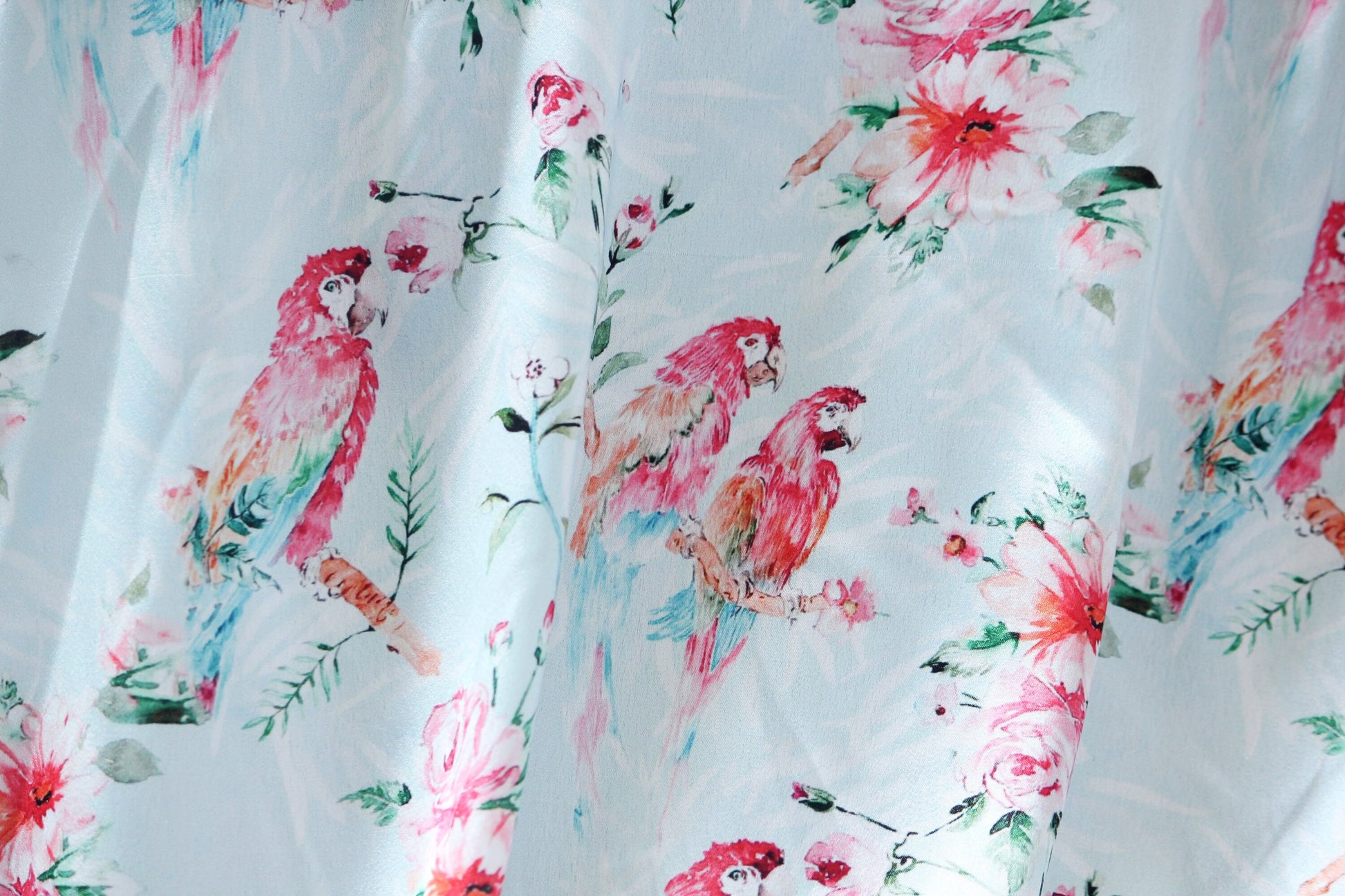 1 yard-sky blue watercolor print macaw parrot and floral satin charmeuse- bright fuchsia florals, green leaves, pink, blue satin-decor