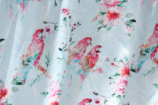 1 yard-sky blue watercolor print macaw parrot and floral satin charmeuse- bright fuchsia florals, green leaves, pink, blue satin-decor