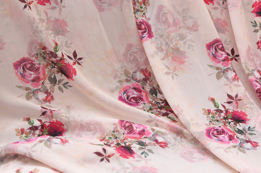 1 yard-Ivory cream chiffon-Gorgeous watercolor look roses printed organza fabric-floral fabric-bridesmaid fabric-lingerie chiffon print