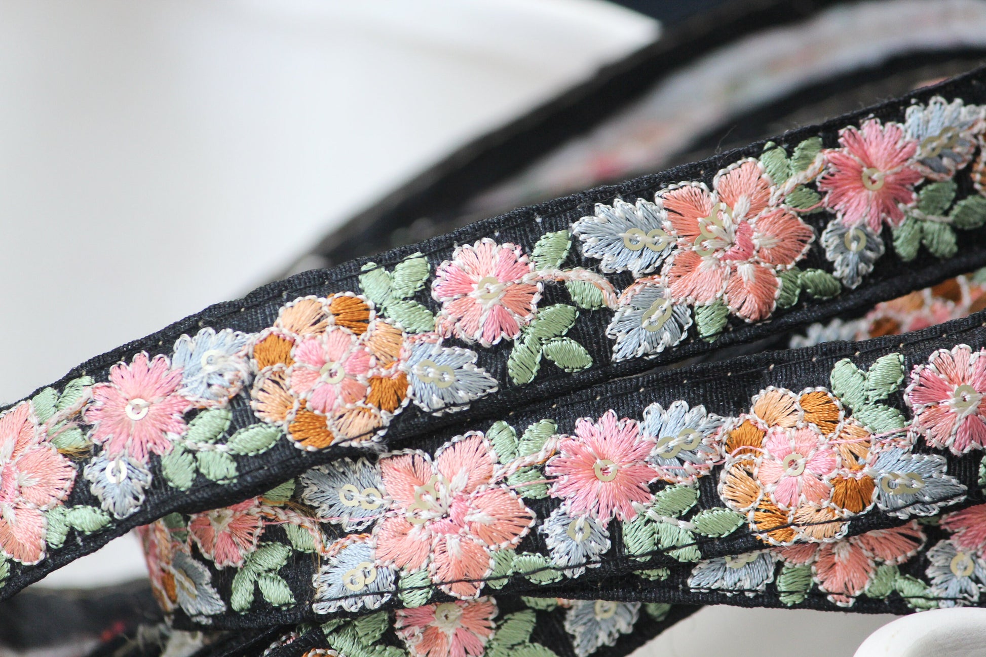 1 yard-Pastel floral thread embroidery ribbon on black fabric-pink peach green blue brown-sequin highlights floral trim-girls bow