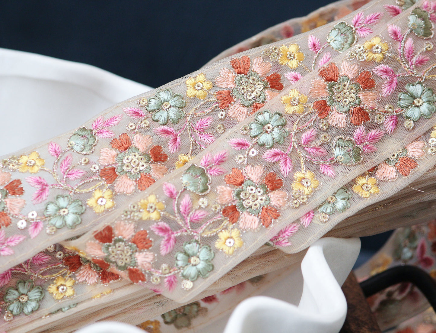 1 yard-Pink Brown peach floral thread embroidery ribbon on mesh fabric-baby pink, pastel green, yellow, brown, peach-sequin highlights