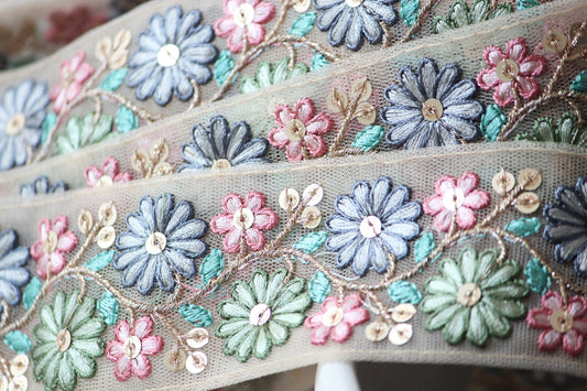 1 yard-Blue green daisy flower thread embroidery mesh nude ribbon-rose pink, blue, green, aqua-sequin highlights, decorative ribbon