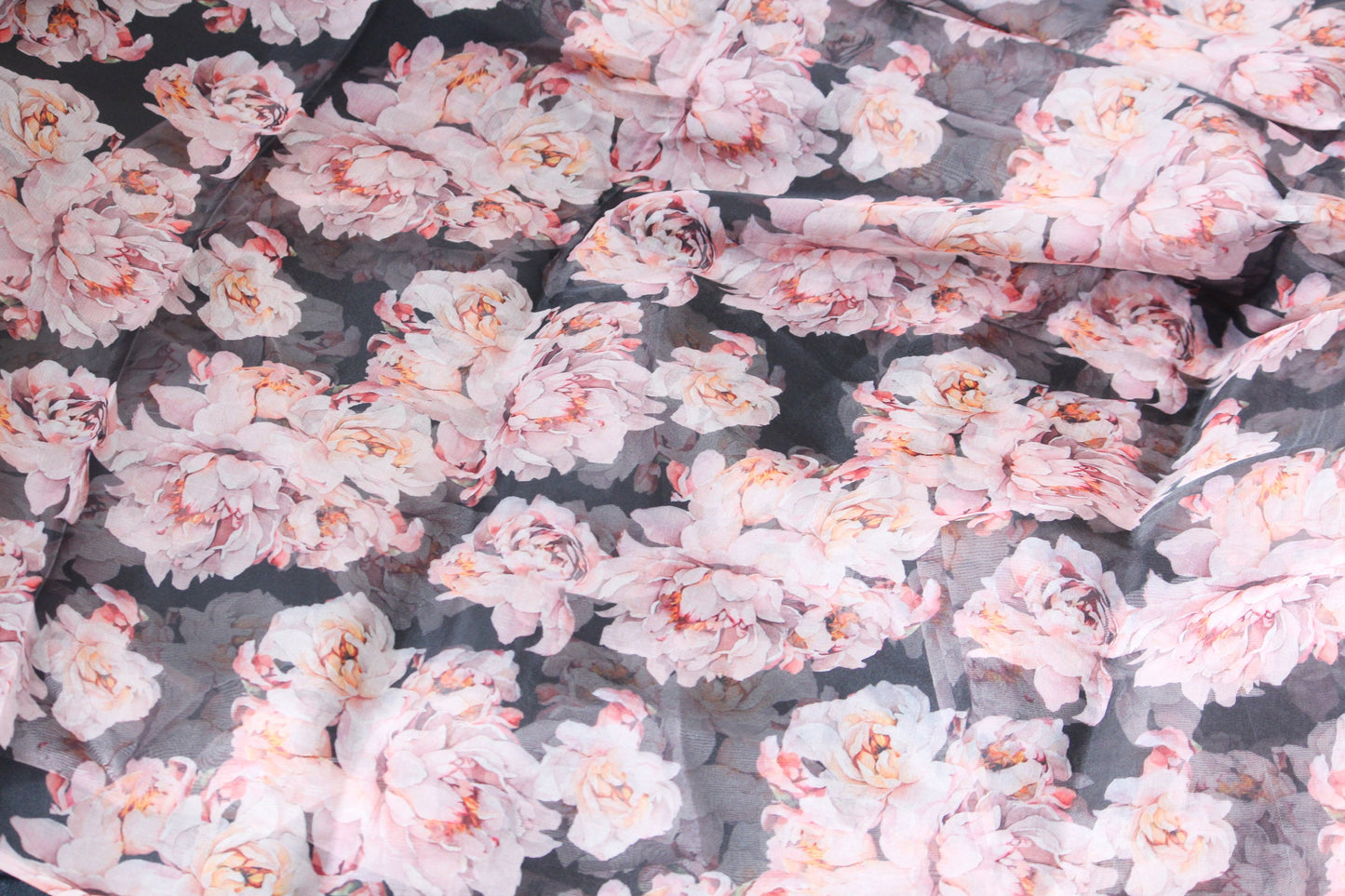 1 yard-black organza fabric-Gorgeous watercolor look roses printed organza fabric-floral fabric-print cream blush roses-sheer fabric