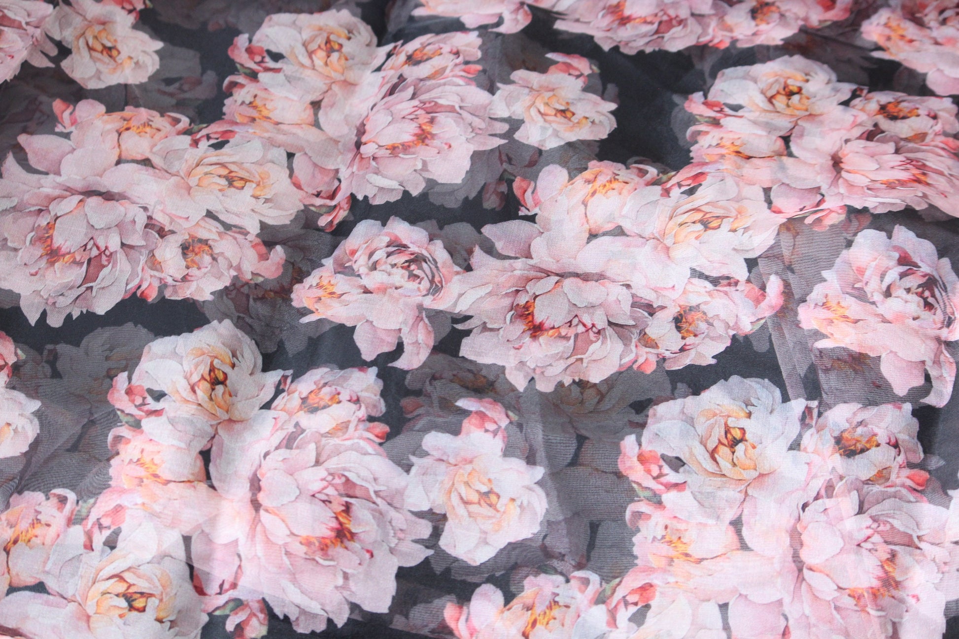 1 yard-black organza fabric-Gorgeous watercolor look roses printed organza fabric-floral fabric-print cream blush roses-sheer fabric