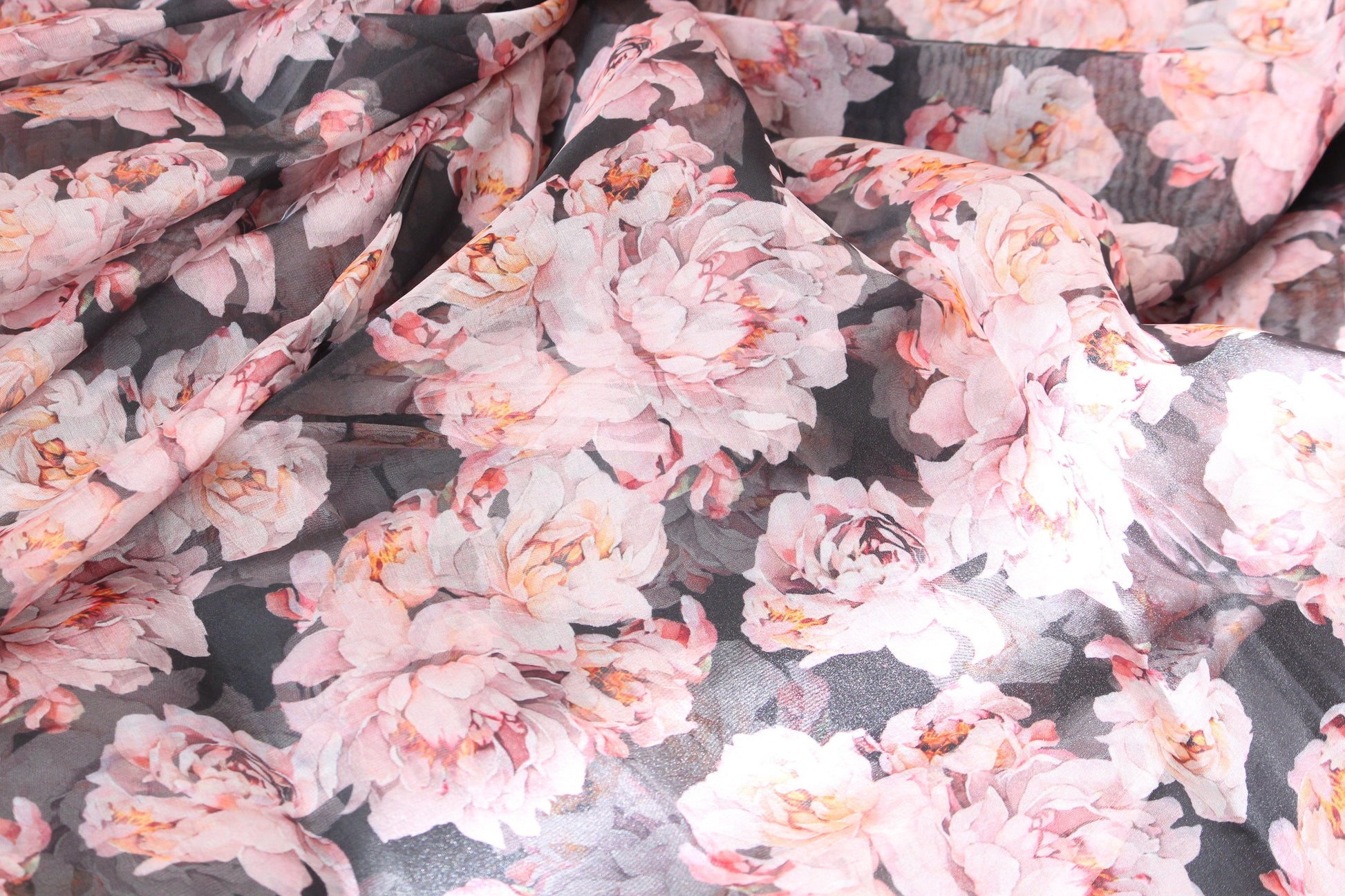 1 yard-black organza fabric-Gorgeous watercolor look roses printed organza fabric-floral fabric-print cream blush roses-sheer fabric