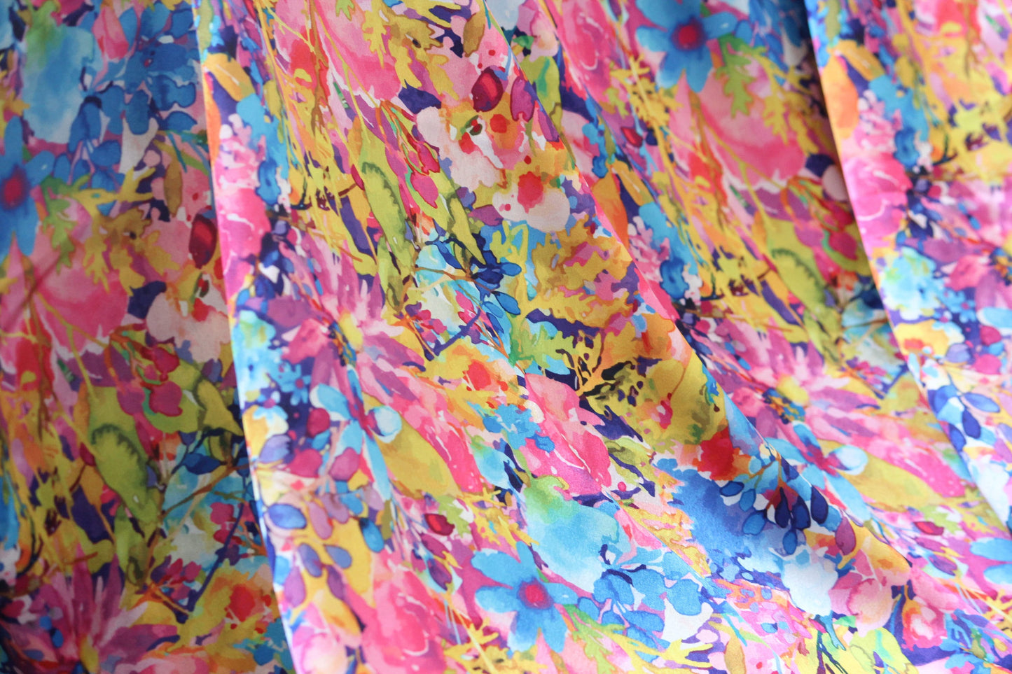 1 yard-colorful floral print fox water color flower print satin charmeuse- bright fuchsia, lime green, pink, blue, orange and purple print