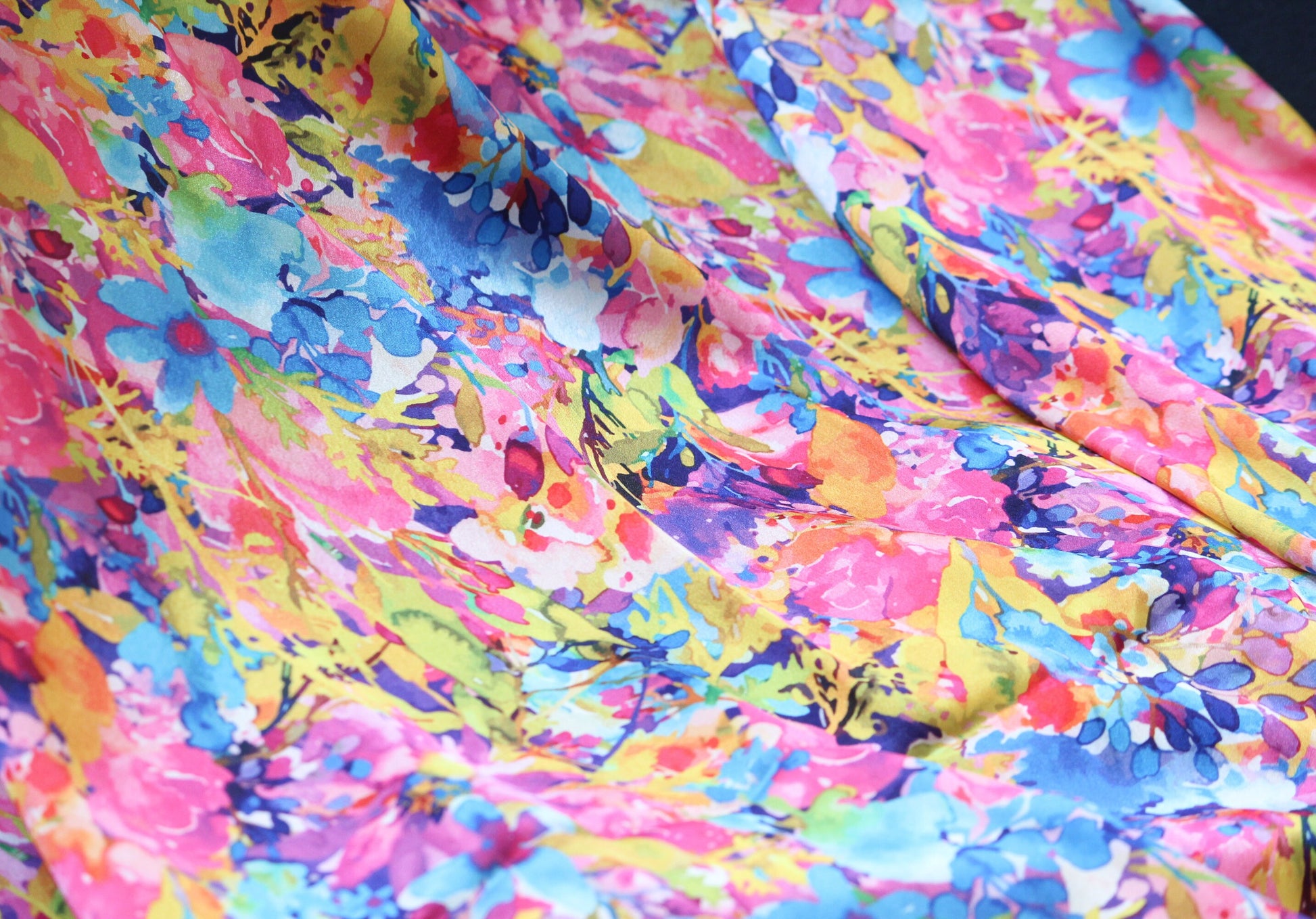 1 yard-colorful floral print fox water color flower print satin charmeuse- bright fuchsia, lime green, pink, blue, orange and purple print