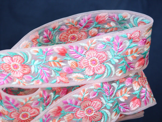 1 yard-Bright floral thread embroidery wide ribbon on peach mesh fabric-rose pink, orange, aqua green and cream thread embroidery-bow ribbon