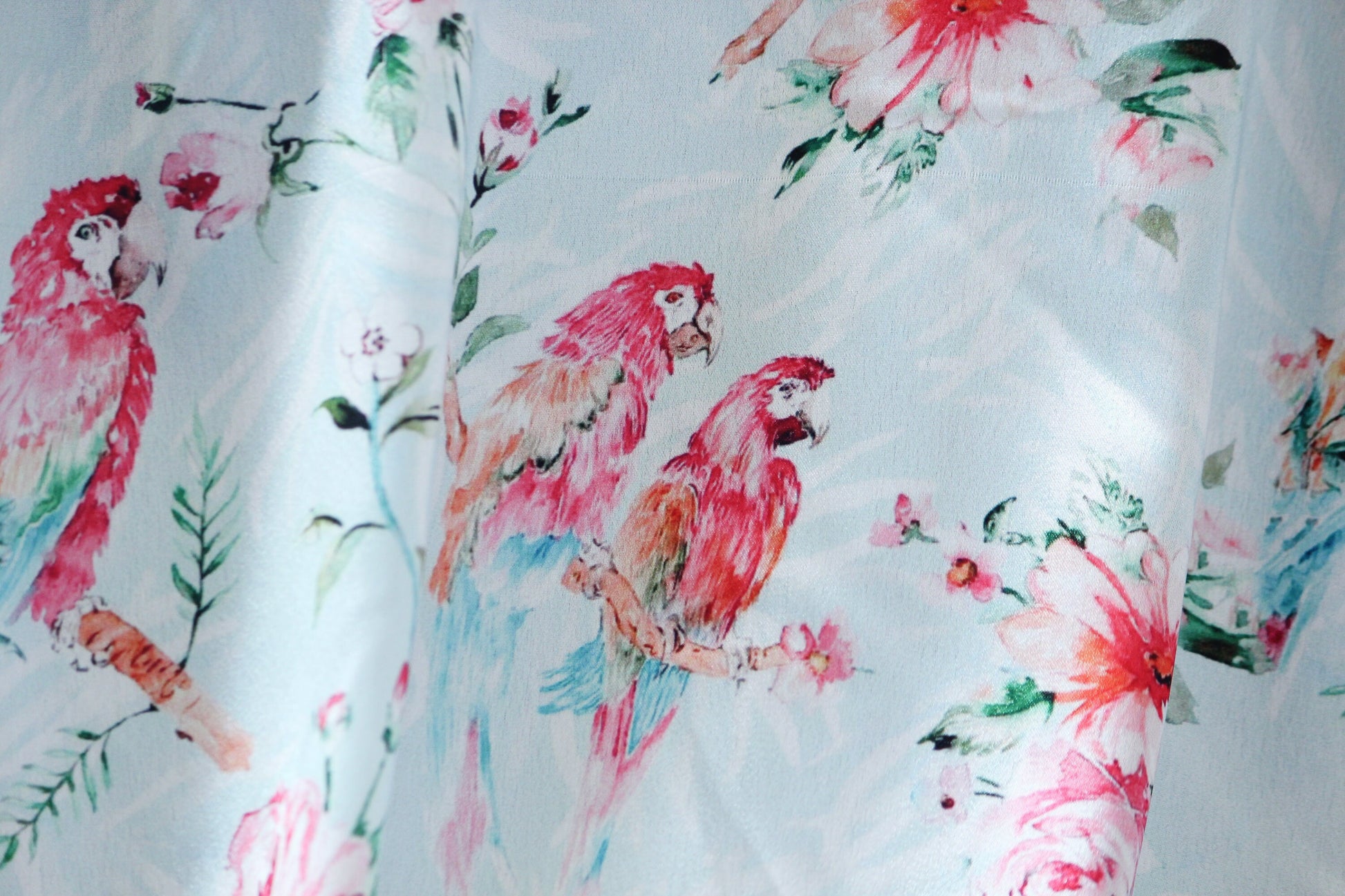 1 yard-sky blue watercolor print macaw parrot and floral satin charmeuse- bright fuchsia florals, green leaves, pink, blue satin-decor