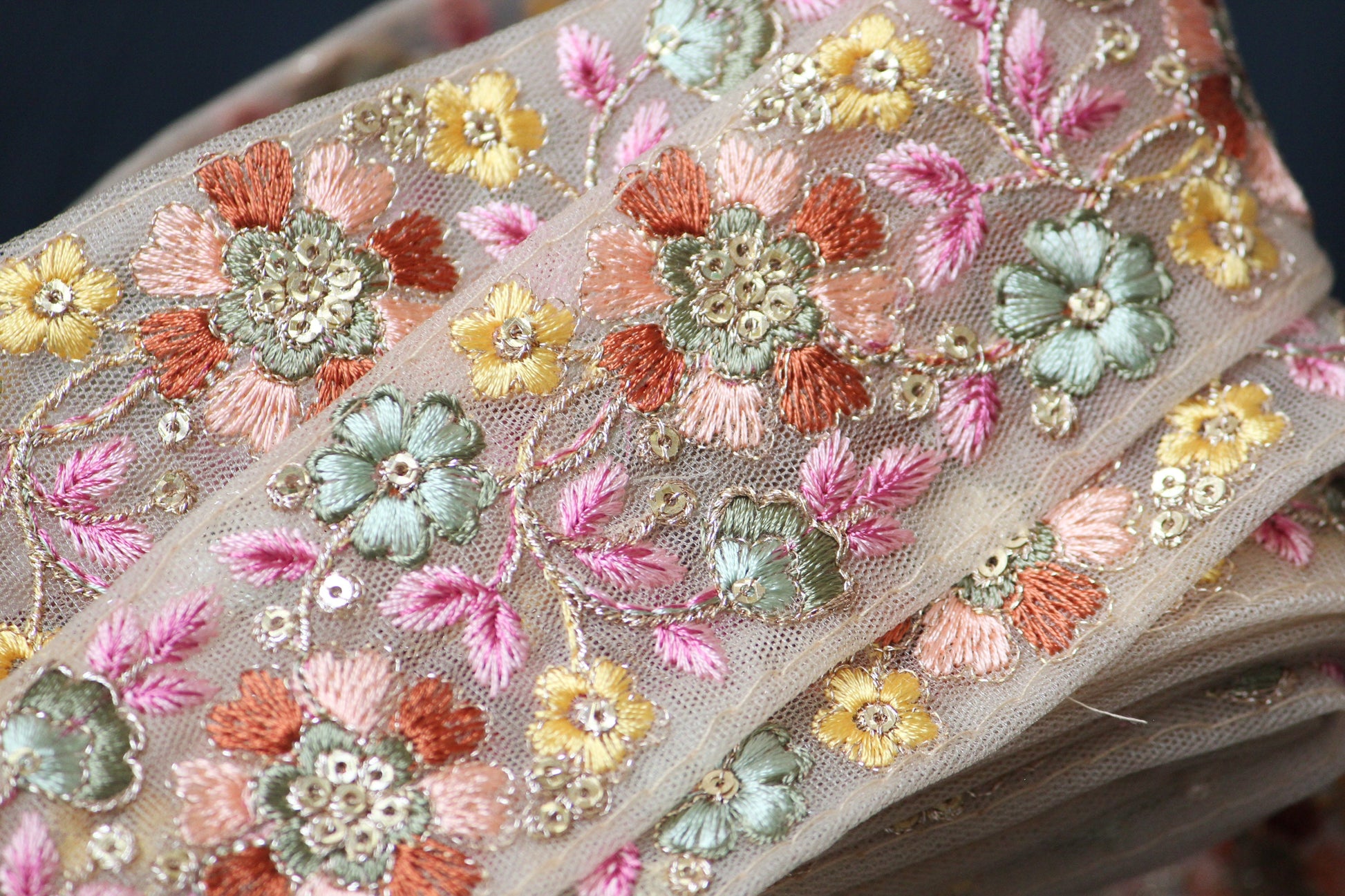 1 yard-Pink Brown peach floral thread embroidery ribbon on mesh fabric-baby pink, pastel green, yellow, brown, peach-sequin highlights